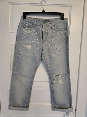 Pinko Light Blue Distressed Ankle Mid-rise Jeans with Rhinestone Detail Festival